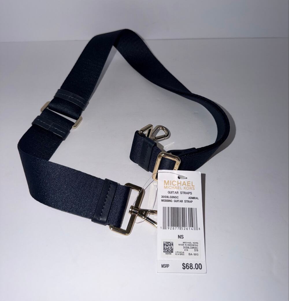 NWT Michael Kors Admiral Adjustable Webbing Guitar Bag Strap Navy Gold Tone